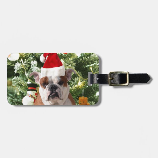 Weihnachtsmannmütze Bulldog Christmas Tree Snowman Gepäckanhänger (Vorderseite horizontal)