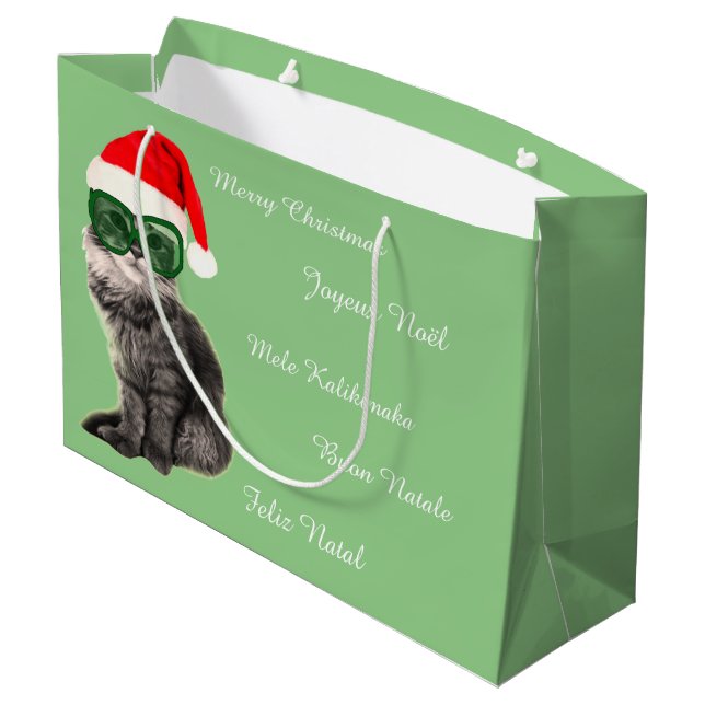 Weihnachtsmannmütze Cat, Weihnachtsgeschenk Große Geschenktüte (Rückseite Schrägansicht)