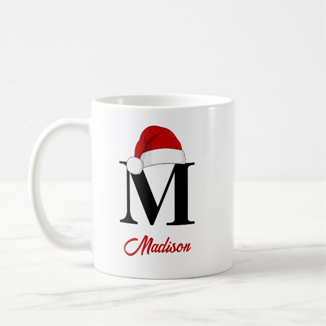 Weihnachtsmannmütze Custom Monogram Red Script Wei Kaffeetasse (Links)