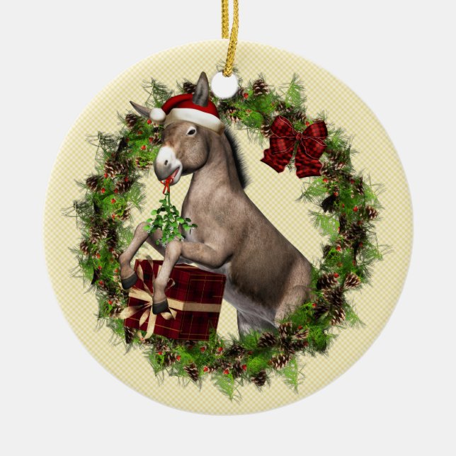 Weihnachtsmannmütze der Donkey-Wunde im Kraut Keramikornament (Vorne)