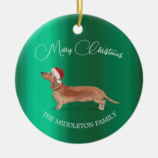 Weihnachtsmannmütze Dog Tan Dackel Grün Frohe Weih Keramik Ornament (Vorne)