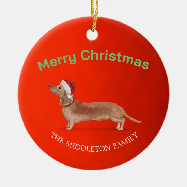 Weihnachtsmannmütze Dog Tan Dackel Rot Frohe Weihn Keramik Ornament (Vorne)
