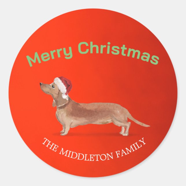 Weihnachtsmannmütze Dog Tan Dackel Rot Frohe Weihn Runder Aufkleber (Vorderseite)