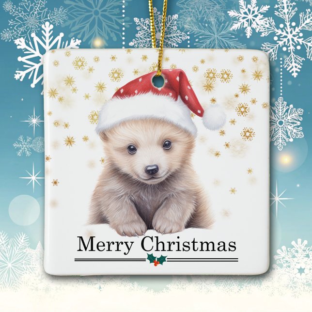 Weihnachtsmannmütze Eisbärjunges Frohe Weihnachten Keramikornament (Von Creator hochgeladen)