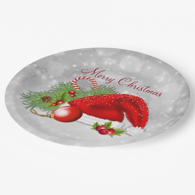 Weihnachtsmannmütze-festliches Weihnachten Pappteller (Schrägansicht)