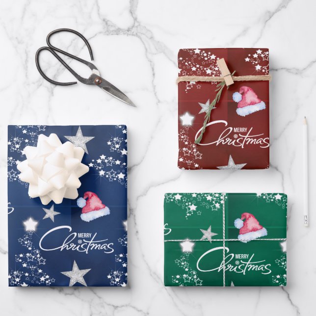 Weihnachtsmannmütze Frohe Weihnachtsbaummuster Geschenkpapier Set (Vorderseite)