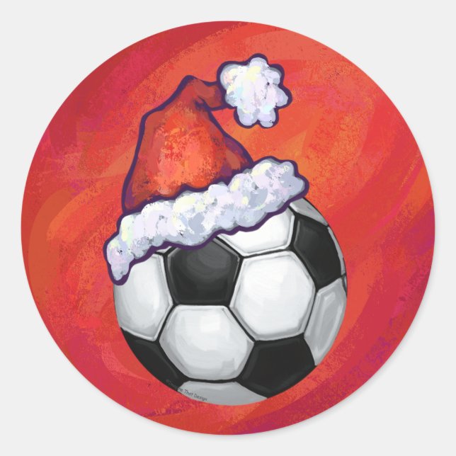 Weihnachtsmannmütze Fußball auf Rot Runder Aufkleber (Vorderseite)