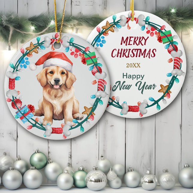 Weihnachtsmannmütze Golden Retriever Puppy Bone Kr Keramik Ornament (Von Creator hochgeladen)