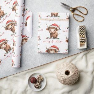 Weihnachtsmannmütze Highland Cow Script Frohe Weih Geschenkpapier
