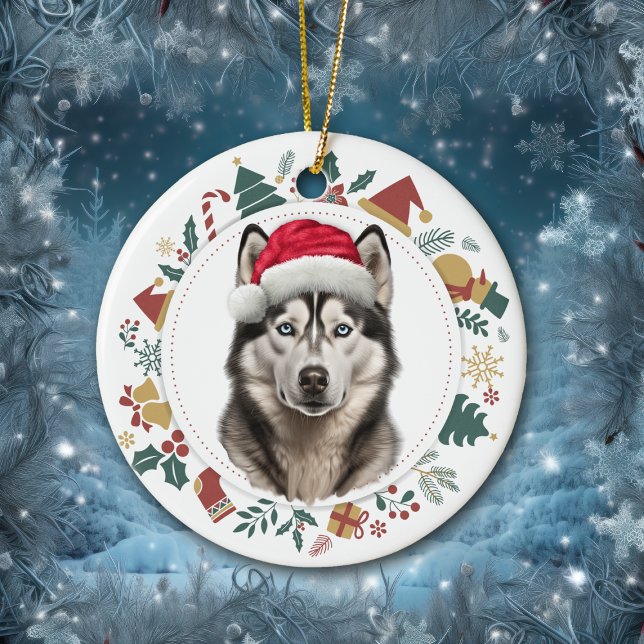 Weihnachtsmannmütze Husky Dog Weihnachtsfotos Wraa Keramik Ornament (Von Creator hochgeladen)
