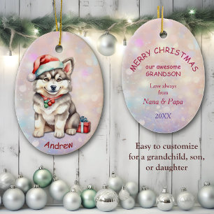 Weihnachtsmannmütze Husky Puppy Grandson Keramik Ornament