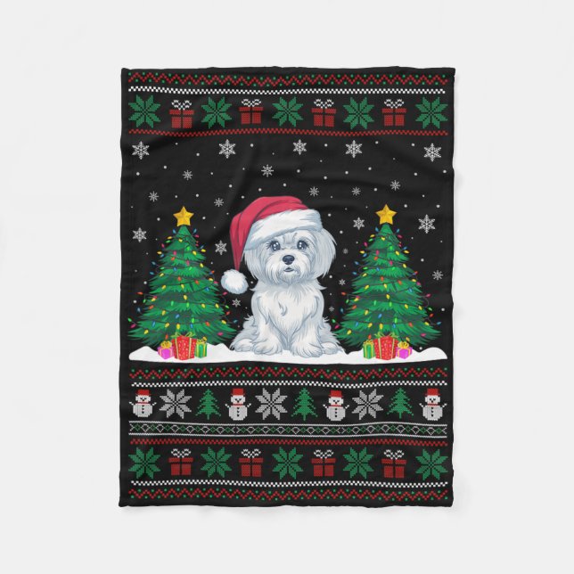 Weihnachtsmannmütze Malteser Hund Weihnachtsbaum L Fleecedecke (Vorderseite)