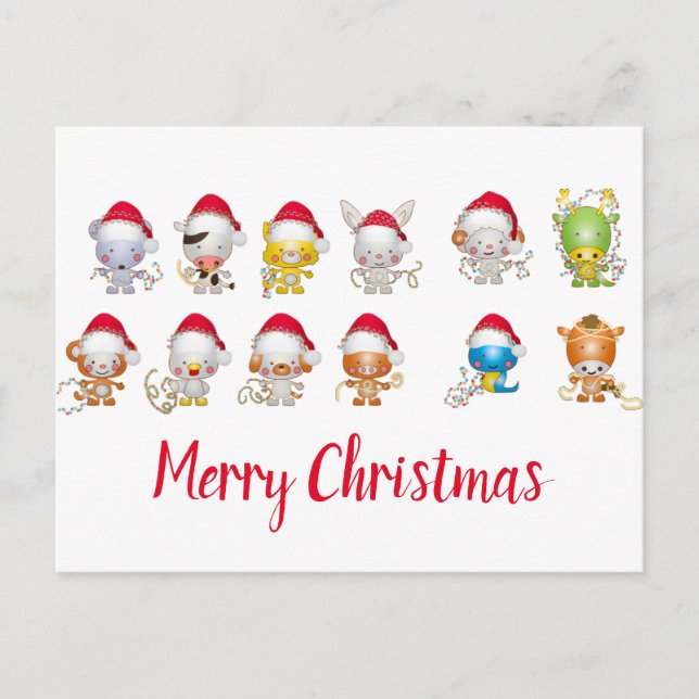 Weihnachtsmannmütze niedlicher Weihnachtstiere Feiertagspostkarte (Vorderseite)