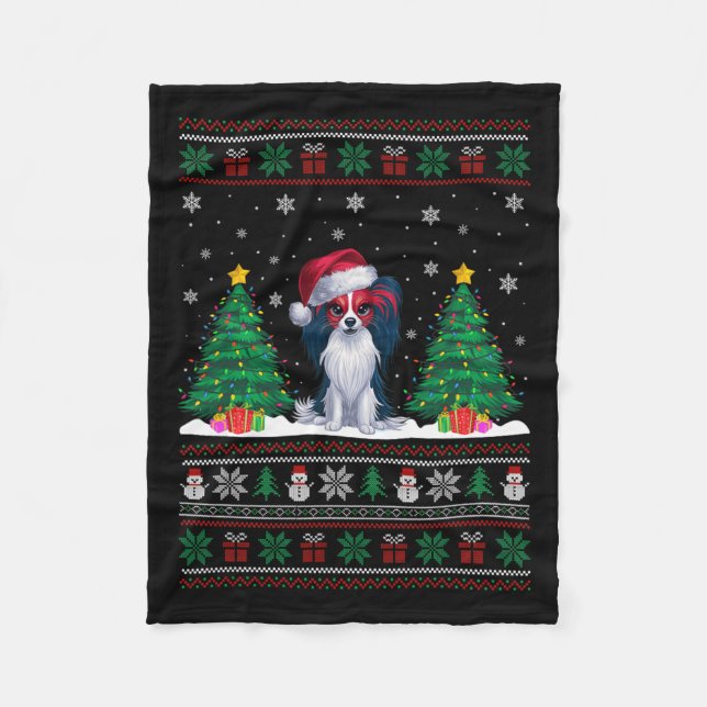 Weihnachtsmannmütze Papillon Dog Weihnachtsbaumleu Fleecedecke (Vorderseite)