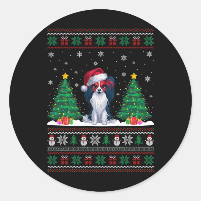 Weihnachtsmannmütze Papillon Dog Weihnachtsbaumleu Runder Aufkleber (Vorderseite)