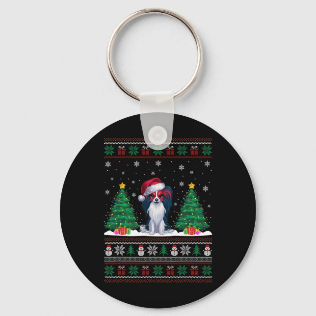 Weihnachtsmannmütze Papillon Dog Weihnachtsbaumleu Schlüsselanhänger (Vorderseite)