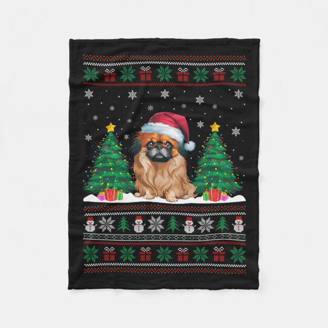 Weihnachtsmannmütze Pekingese Hund Weihnachtsbaum  Fleecedecke (Vorderseite)