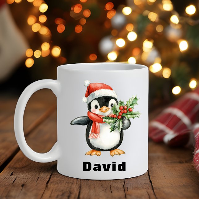 Weihnachtsmannmütze Penguin Holding Christmas Holl Kaffeetasse (Santa Hat Penguin Holding Christmas Holly Coffee Mug)