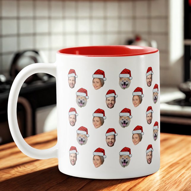 Weihnachtsmannmütze Personalisiertes Gesicht 3 Fot Zweifarbige Tasse (Von Creator hochgeladen)
