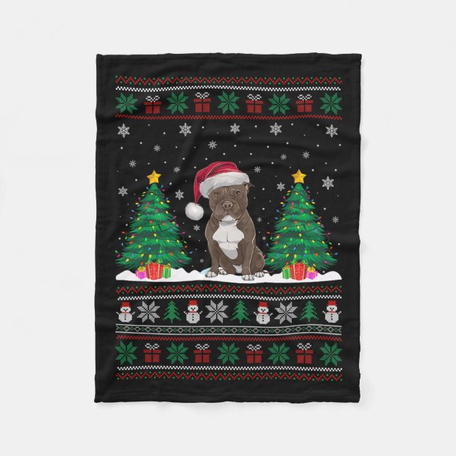 Weihnachtsmannmütze Pitbull Hund Weihnachtsbaum Li Fleecedecke (Vorderseite)