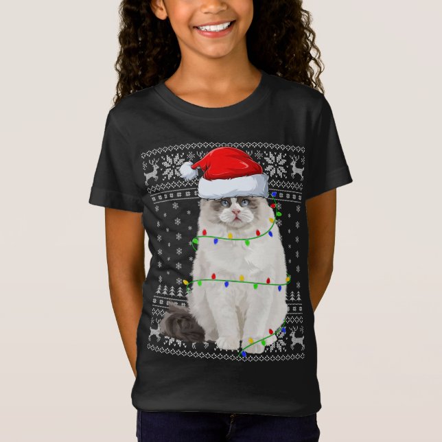 Weihnachtsmannmütze Ragdoll Cat Xmas Lighting Ugly T-Shirt (Vorderseite)