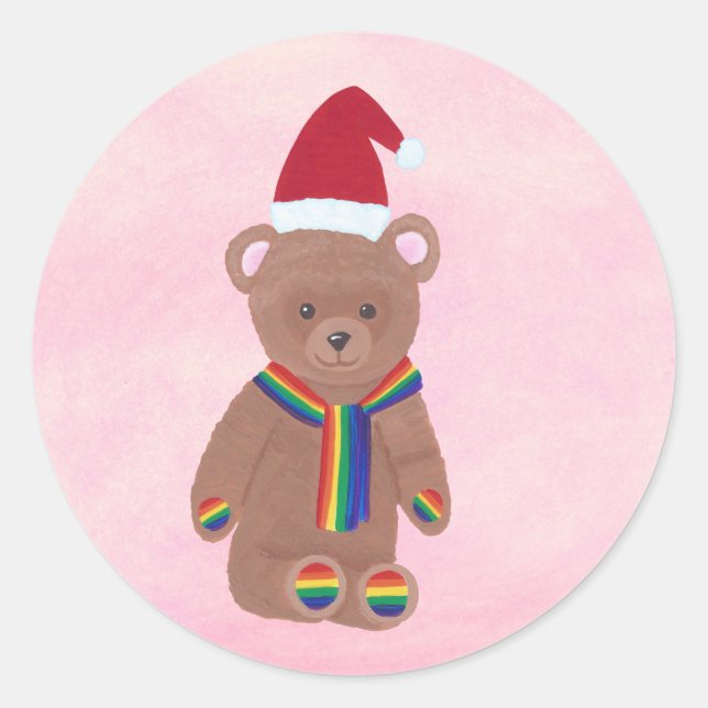 Weihnachtsmannmütze Rainbow Teddy Bär Weihnachtsfe Runder Aufkleber (Vorderseite)