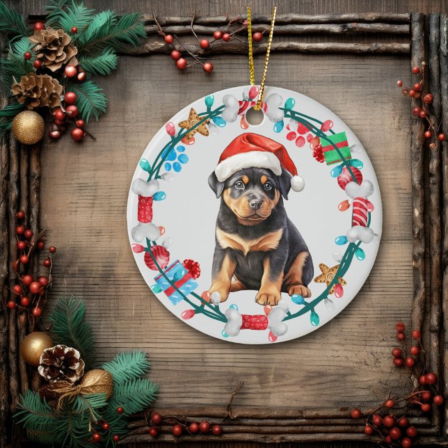 Weihnachtsmannmütze Rottweiler Welpenkranz Keramik Ornament (Von Creator hochgeladen)