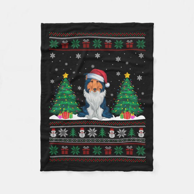 Weihnachtsmannmütze Rough Collie Dog Xmas Tree Lig Fleecedecke (Vorderseite)