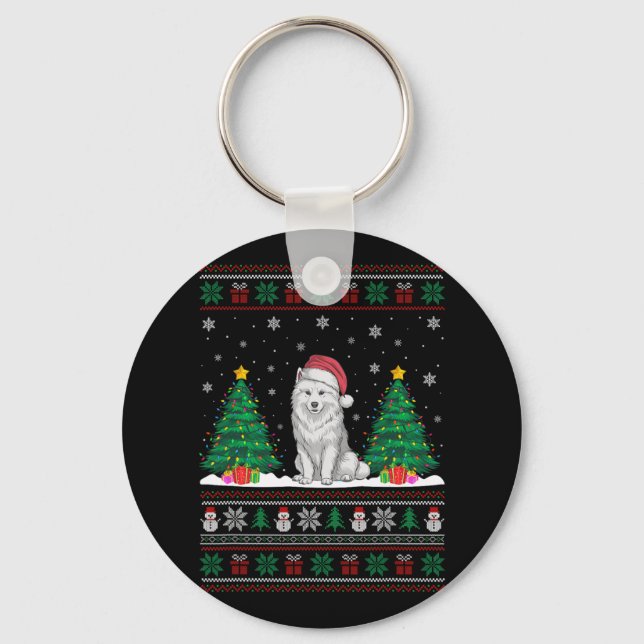 Weihnachtsmannmütze Samoyed Dog Weihnachtsbaum Lig Schlüsselanhänger (Vorderseite)