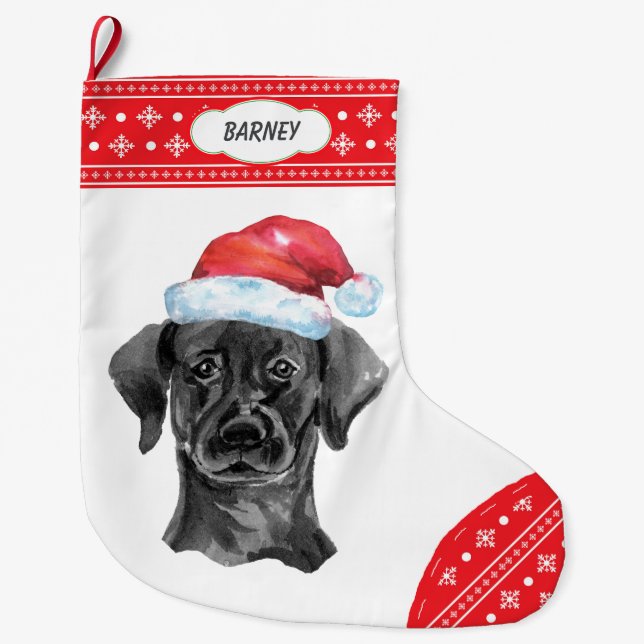 Weihnachtsmannmütze Schwarzes Lab Schneeflocken Großer Weihnachtsstrumpf (Vorderseite)