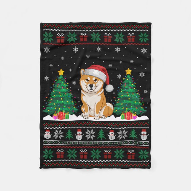 Weihnachtsmannmütze Shiba Inu Dog Weihnachtsbaum L Fleecedecke (Vorderseite)