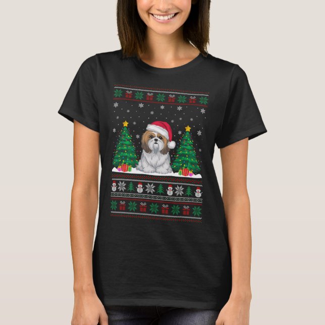 Weihnachtsmannmütze Shih Tzu Dog Weihnachtsbaum Li T-Shirt (Vorderseite)