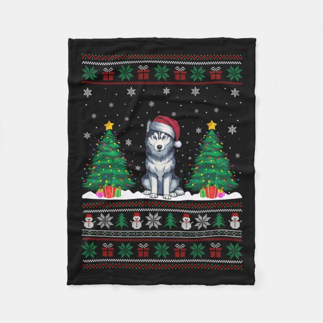 Weihnachtsmannmütze Siberischer Husky Hund Xmas Tr Fleecedecke (Vorderseite)