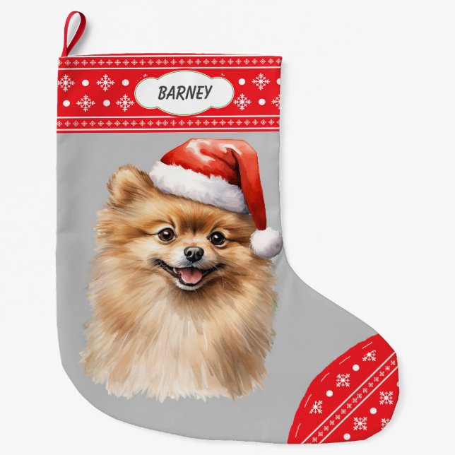 Weihnachtsmannmütze Spitz Hund Schneeflocke Grenze Großer Weihnachtsstrumpf (Vorderseite)