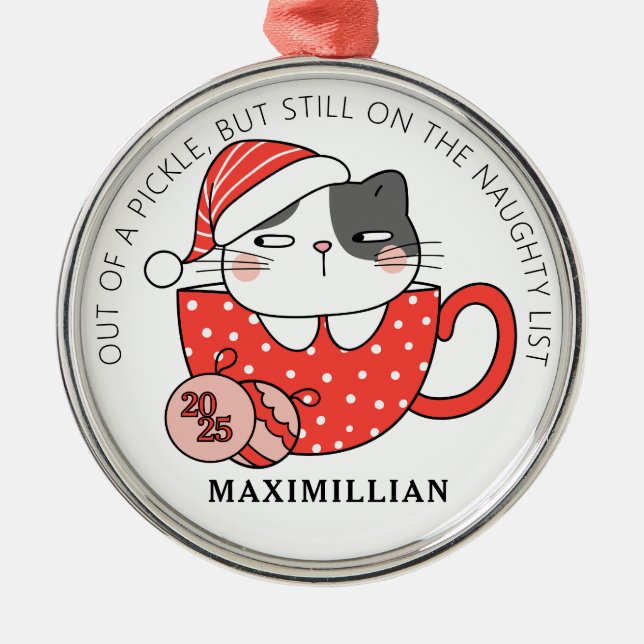 Weihnachtsmannmütze-tragende Katze Inside a Tasse Ornament Aus Metall (Vorne)