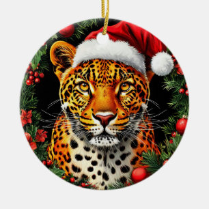 Weihnachtsmannmütze von festem Leopard Keramik Ornament