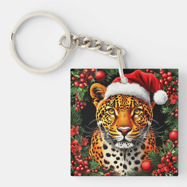 Weihnachtsmannmütze von festem Leopard Schlüsselanhänger (Vorderseite)