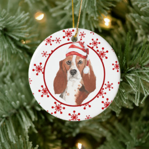 Weihnachtsmannmütze Wasserfarbener Basset Keramik Ornament