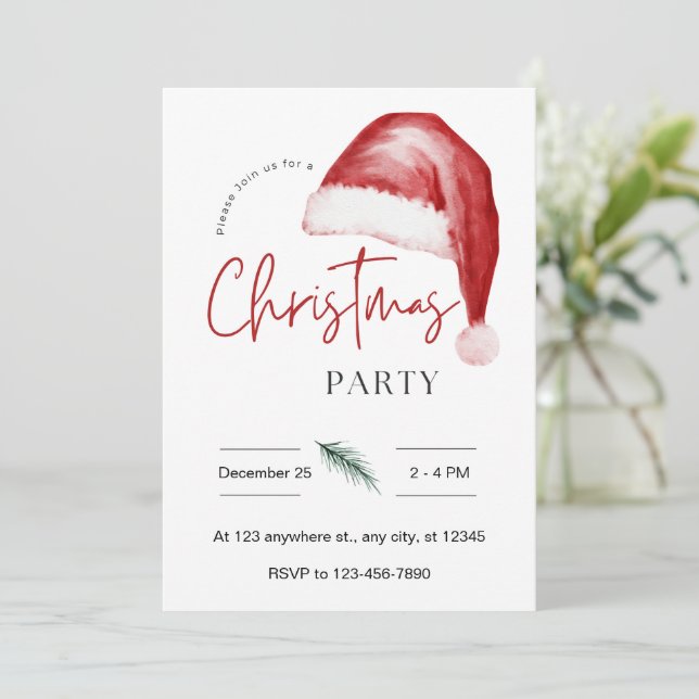 Weihnachtsmannmütze Watercolor Weihnachten Party E Einladung (Stehend Vorderseite)