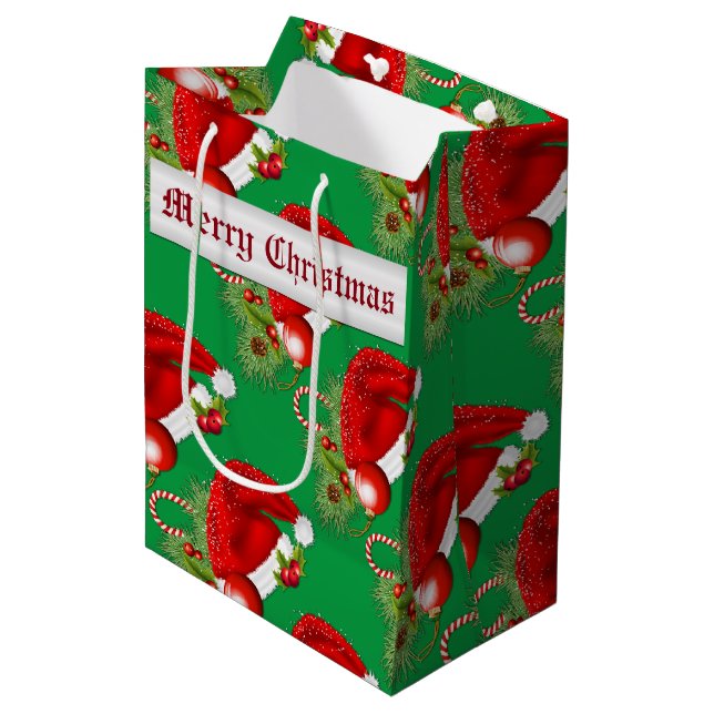 Weihnachtsmannmütze Weihnachtsgrün Mittlere Geschenktüte (Vorderseite Schrägansicht)