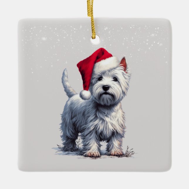 Weihnachtsmannmütze Westie im Schneezauber Keramikornament (Vorderseite)