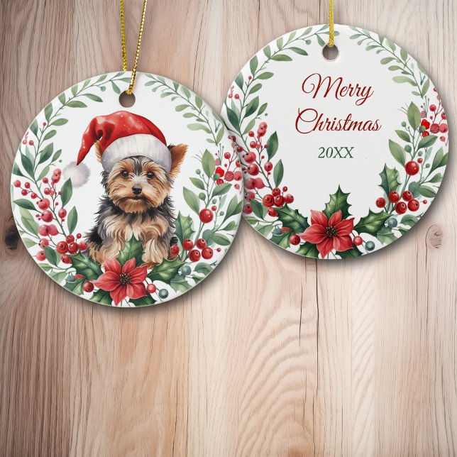 Weihnachtsmannmütze Yorkshire Terrier Poinsettia W Keramik Ornament (Von Creator hochgeladen)