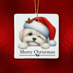 Weihnachtsmannmütze zwinkerndes Havanese-Welpen-We Keramikornament