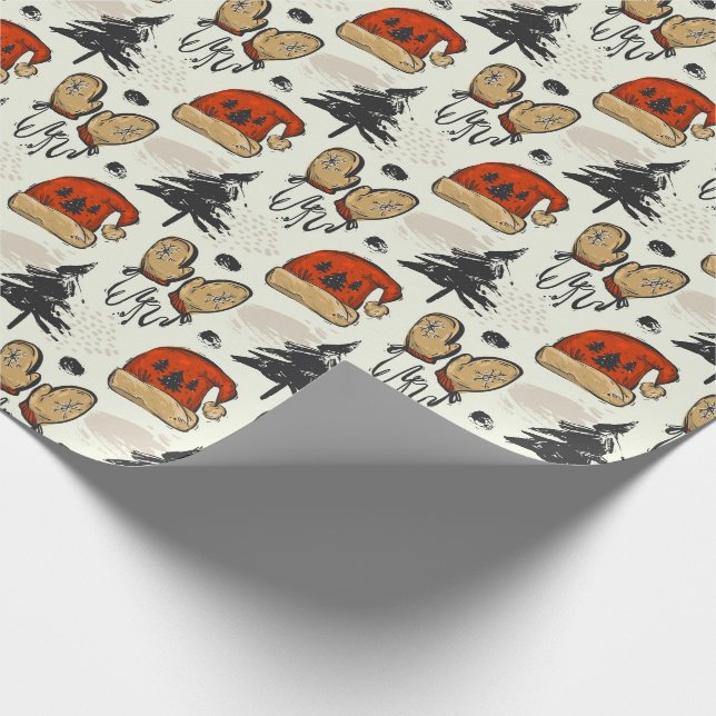 Weihnachtsmannmützen, Futtermittel und Bäume Geschenkpapier (Ecke)