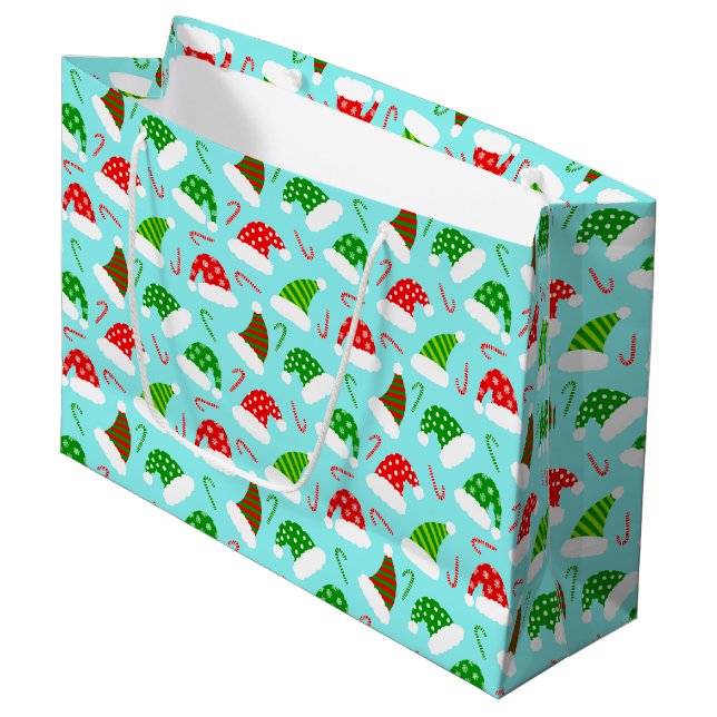 Weihnachtsmannmützen und Candy Canes Weihnachtsmus Große Geschenktüte (Vorderseite Schrägansicht)