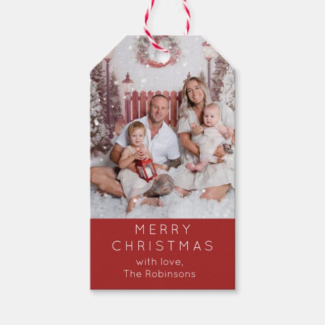 Weihnachtsmarken mit Foto in Rot Geschenkanhänger (Vorderseite)