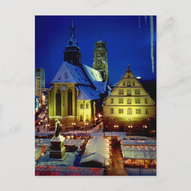 Weihnachtsmarkt, Stuttgart, Abendstimmung mit Schn Postkarte (Vorderseite)