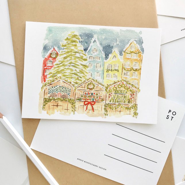 Weihnachtsmarkt Wasserfarbenreise Einladungspostkarte (German Christmas market winter scene watercolor postcard.)