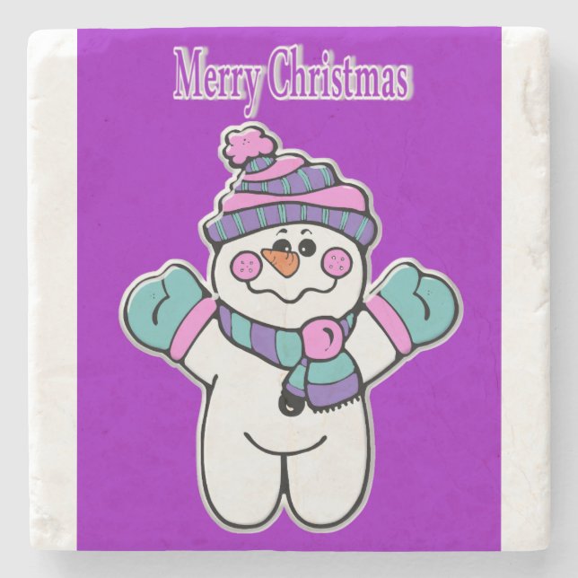Weihnachtsmarmor Stone Untersetzer, Lila Schneeman Steinuntersetzer (Vorderseite)