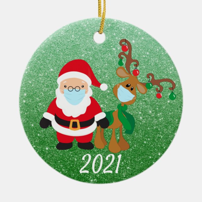 Weihnachtsmaske Santa Reindeer 2021 Glitzer Keramik Ornament (Vorne)